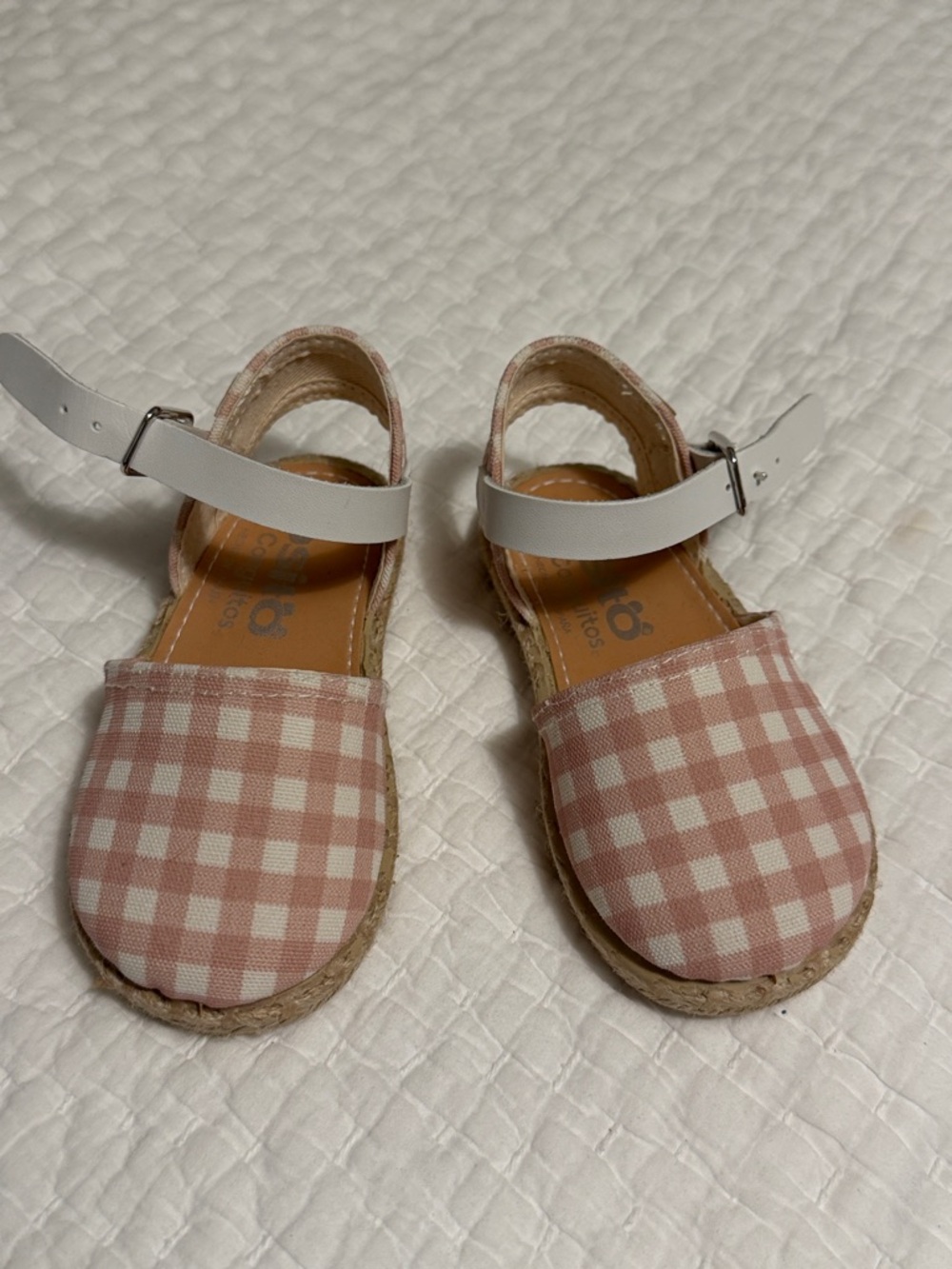 Pink Gingham Espadrille Sandals with White Ankle Strap
